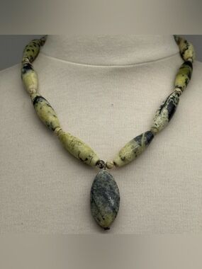 Vintage Natural Yellow Turquoise Serpentine Beaded Necklace Green Black Pendant